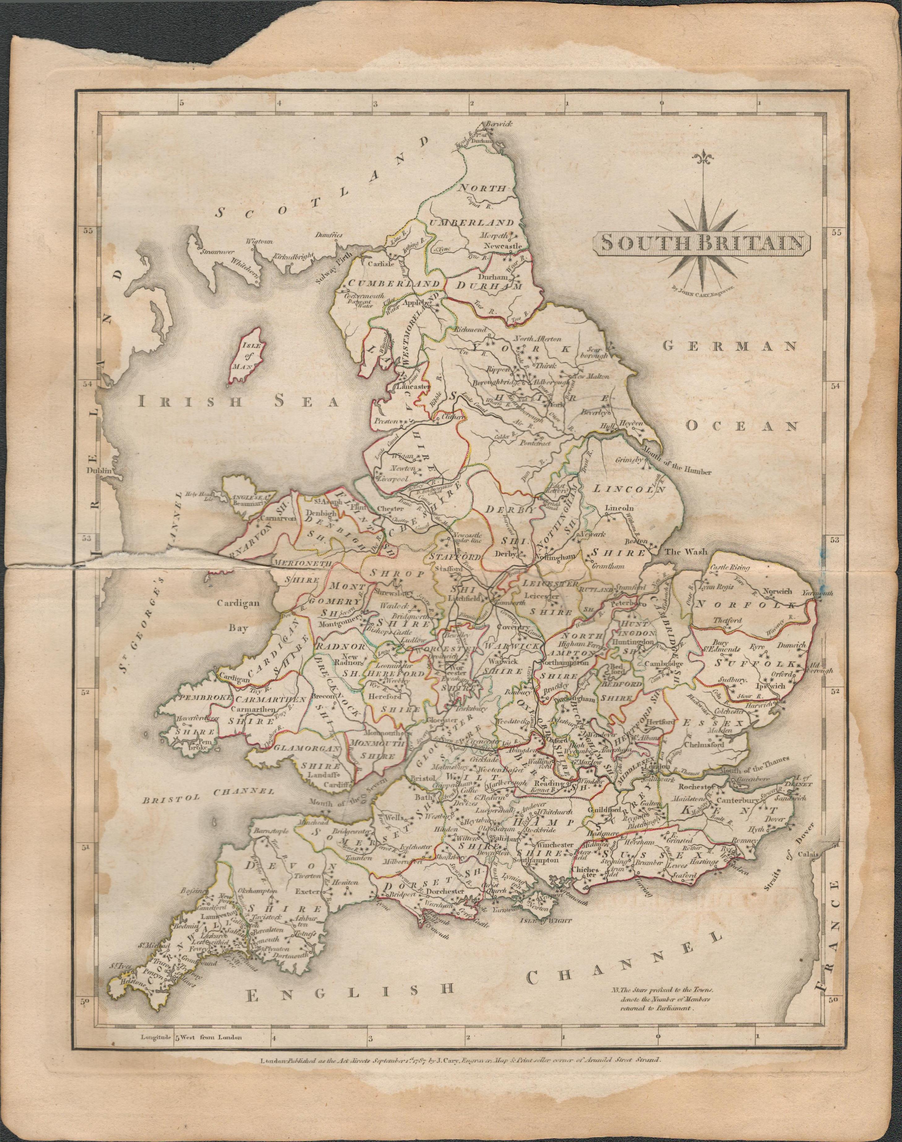 South Britain John Cary 1787 Antique Hand Coloured Map.