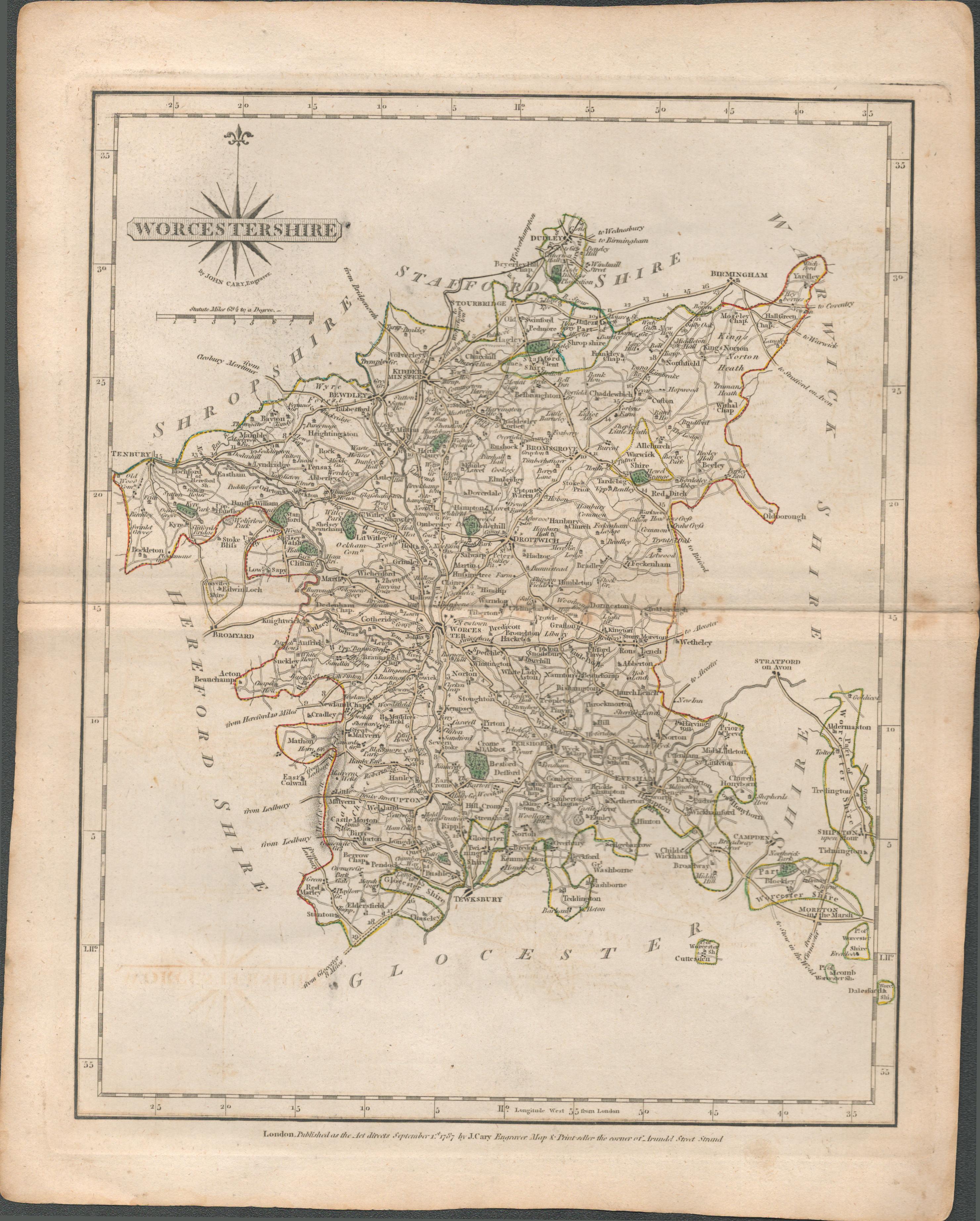 Worcestershire John Cary 1787 Antique Hand Coloured Map.