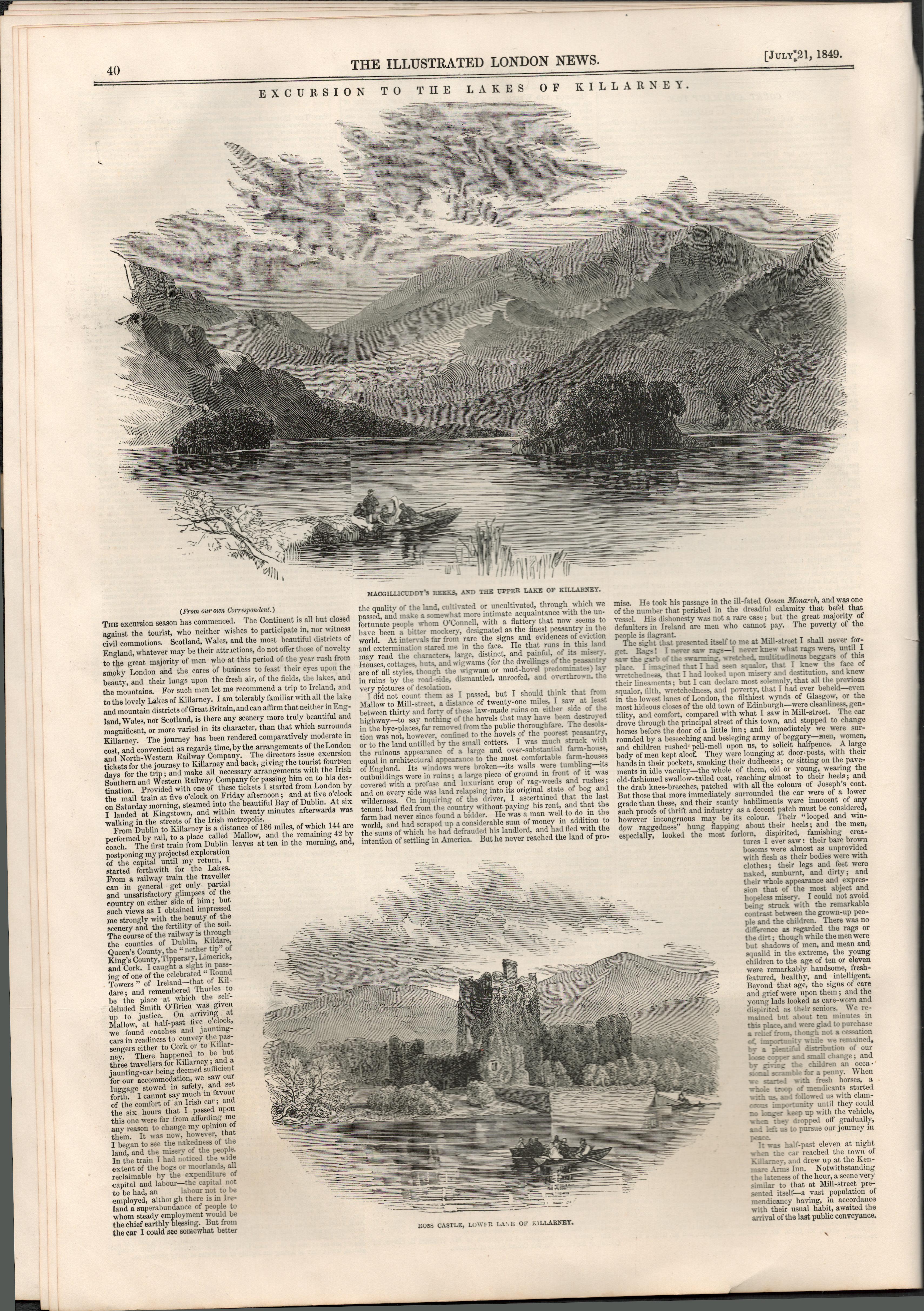 Excursion To The Lakes of Killarney 1849 Antique Woodgrain Print