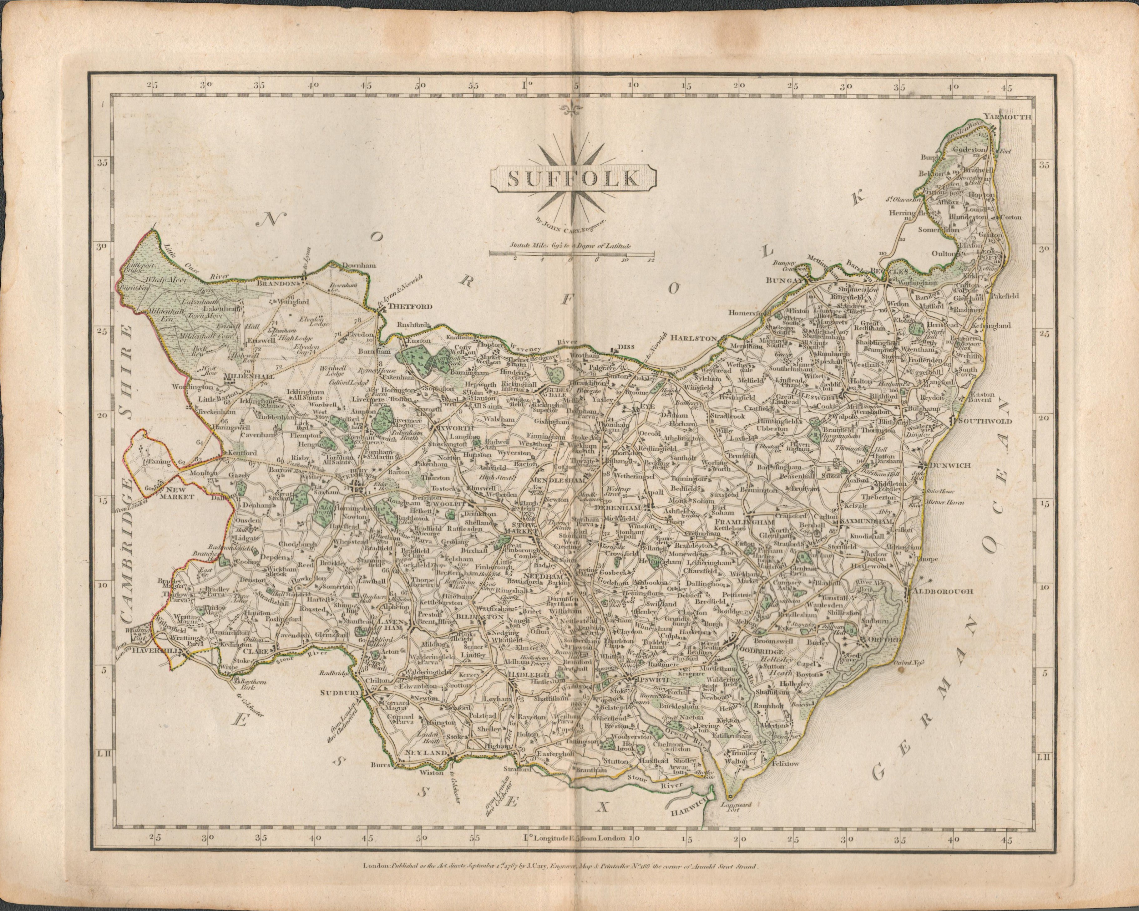 County of Suffolk John Cary’s 1787 Antique Hand Coloured Map.