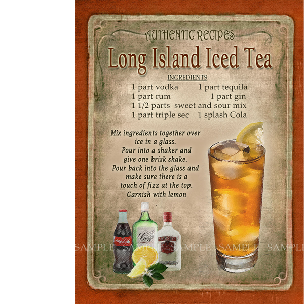 Long Island Iced Tea Cocktail Authentic Recipe Large Metal Wall Art