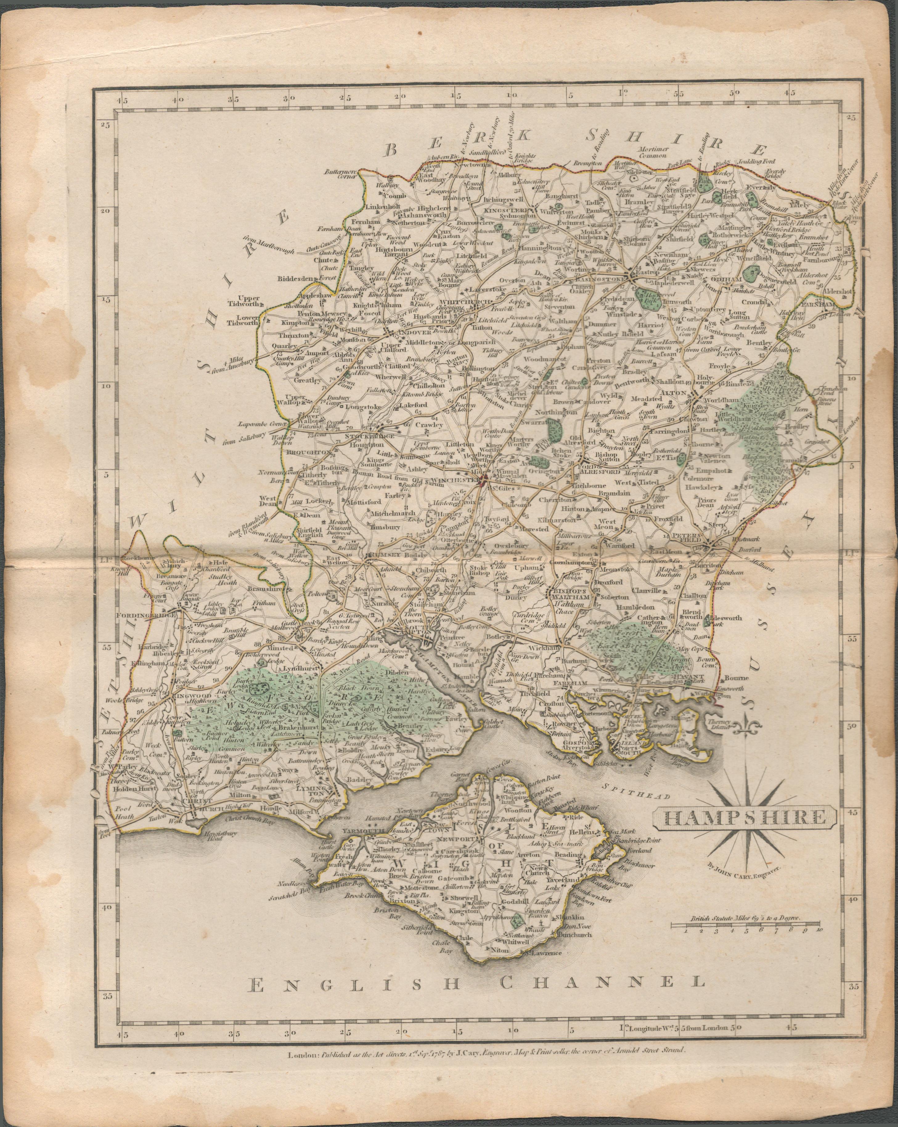 County of Hampshire John Cary 1787 Antique Hand Coloured Map