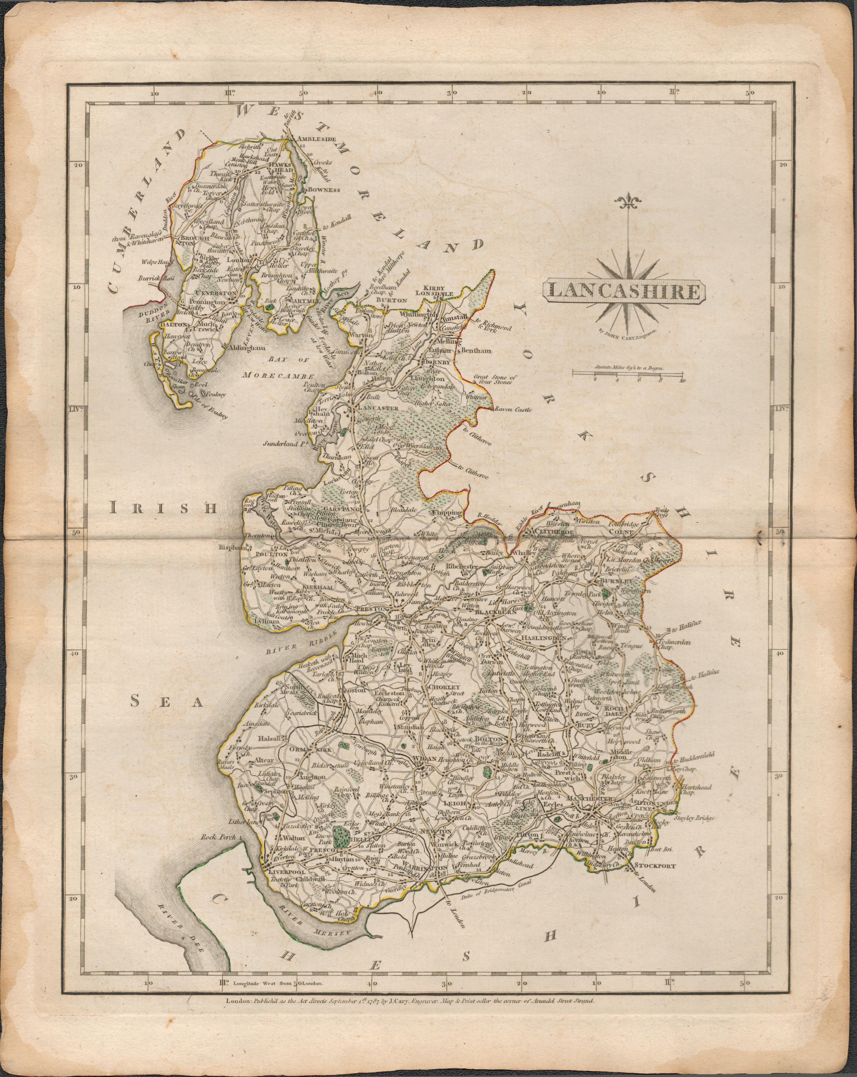 Lancashire County John Cary 1787 Antique Hand Coloured Map.