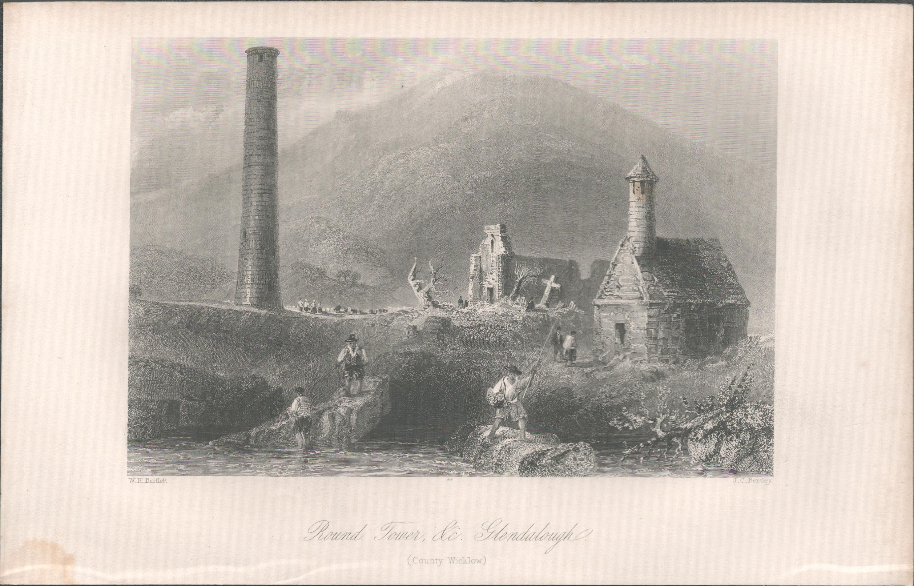 Antique Engraving 1850’s Round Tower Glendalough