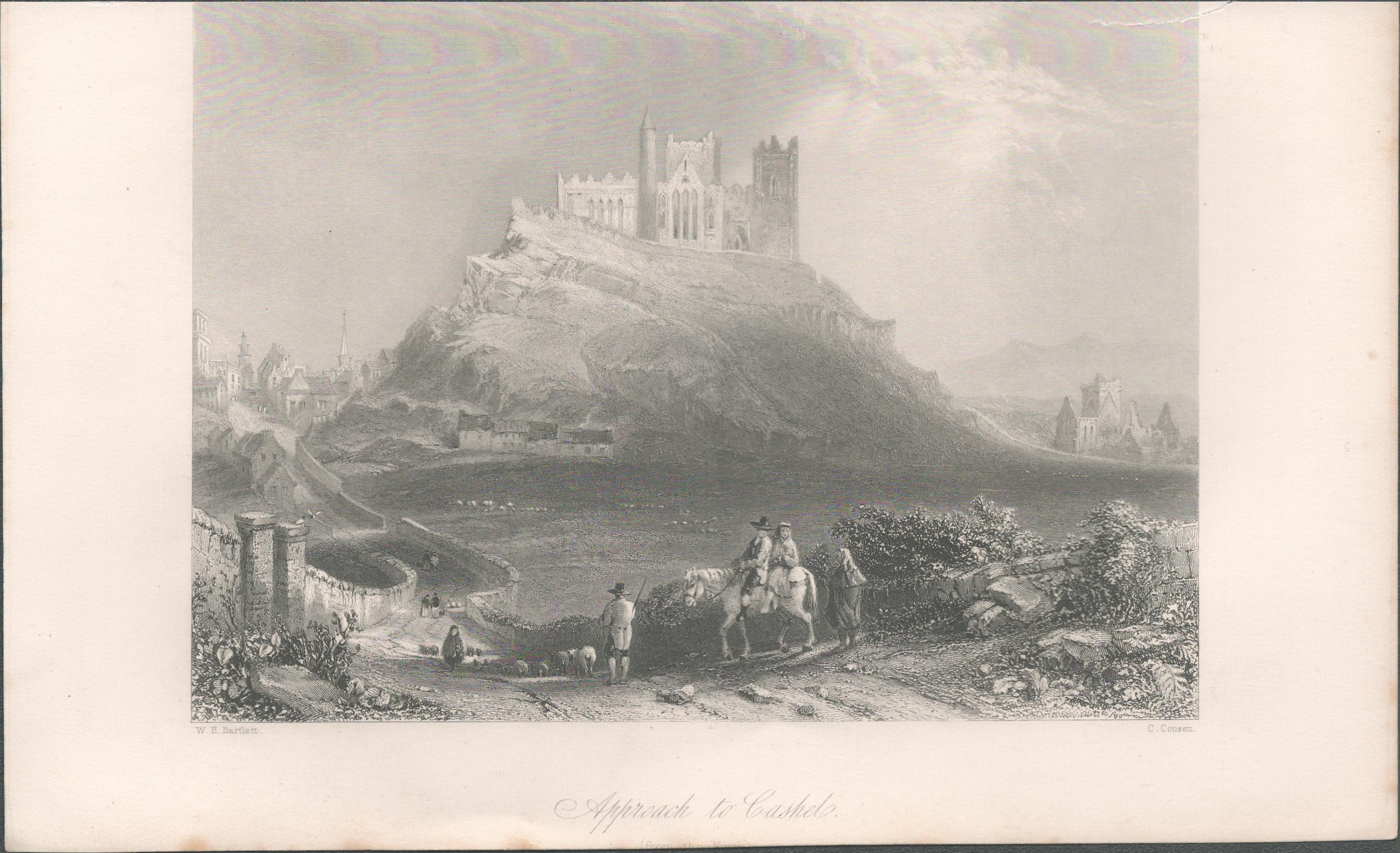 Antique Engraving 1850’s Cashel Abbey & Rock.