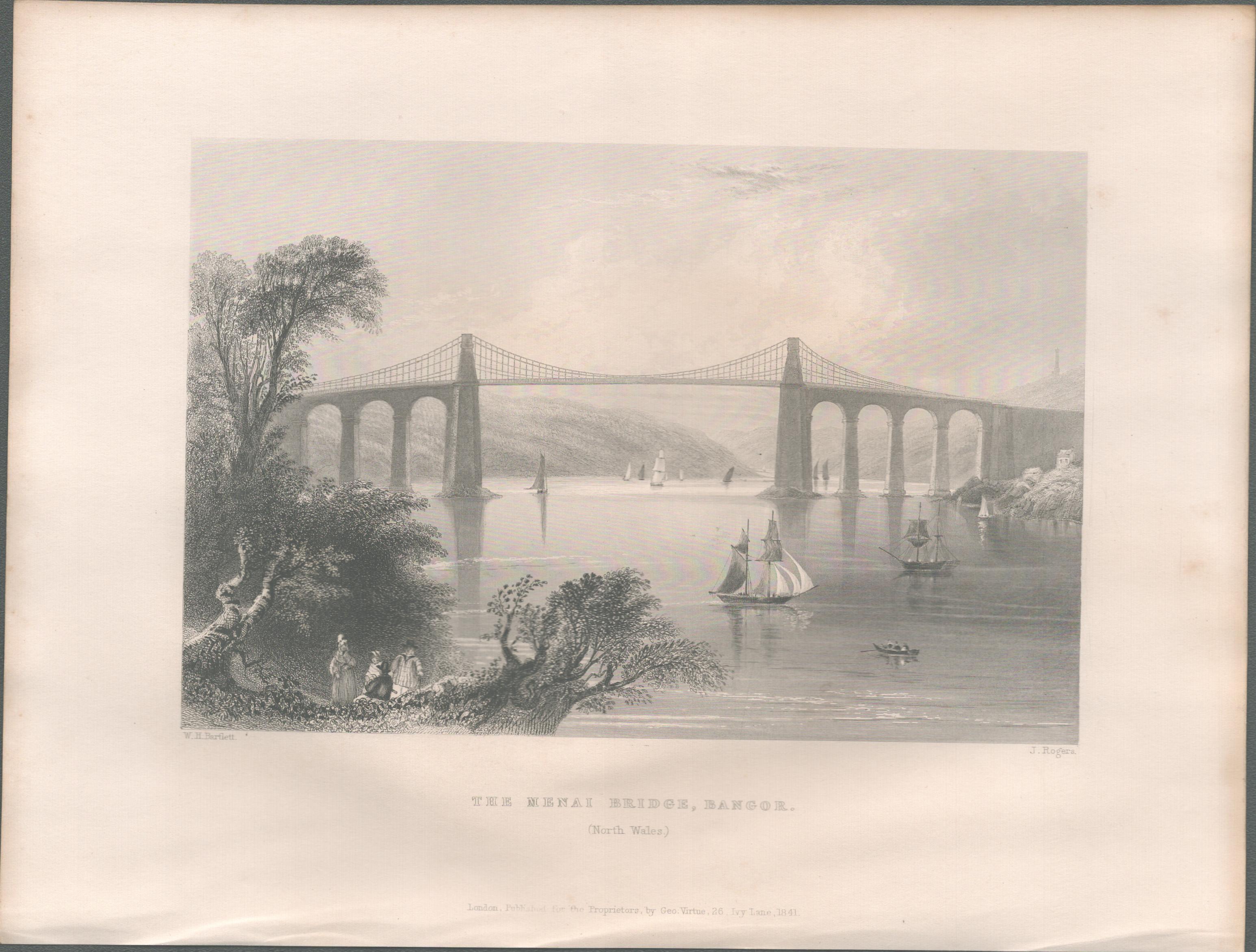 Menai Bridge Bangor Wales Antique 1842 Steel Engraving