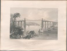 Menai Bridge Bangor Wales Antique 1842 Steel Engraving