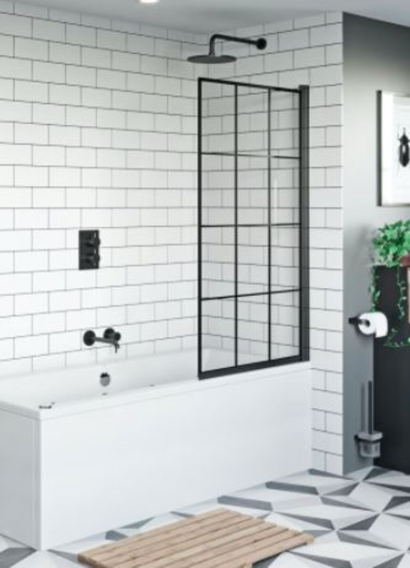 RRP £299. Mode 8mm black framed bath screen. Appears Unused. Product code: BSCRN01