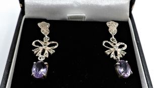 Sterling Silver 3.5 CT Amethyst Marcasite Earrings New with Gift Box