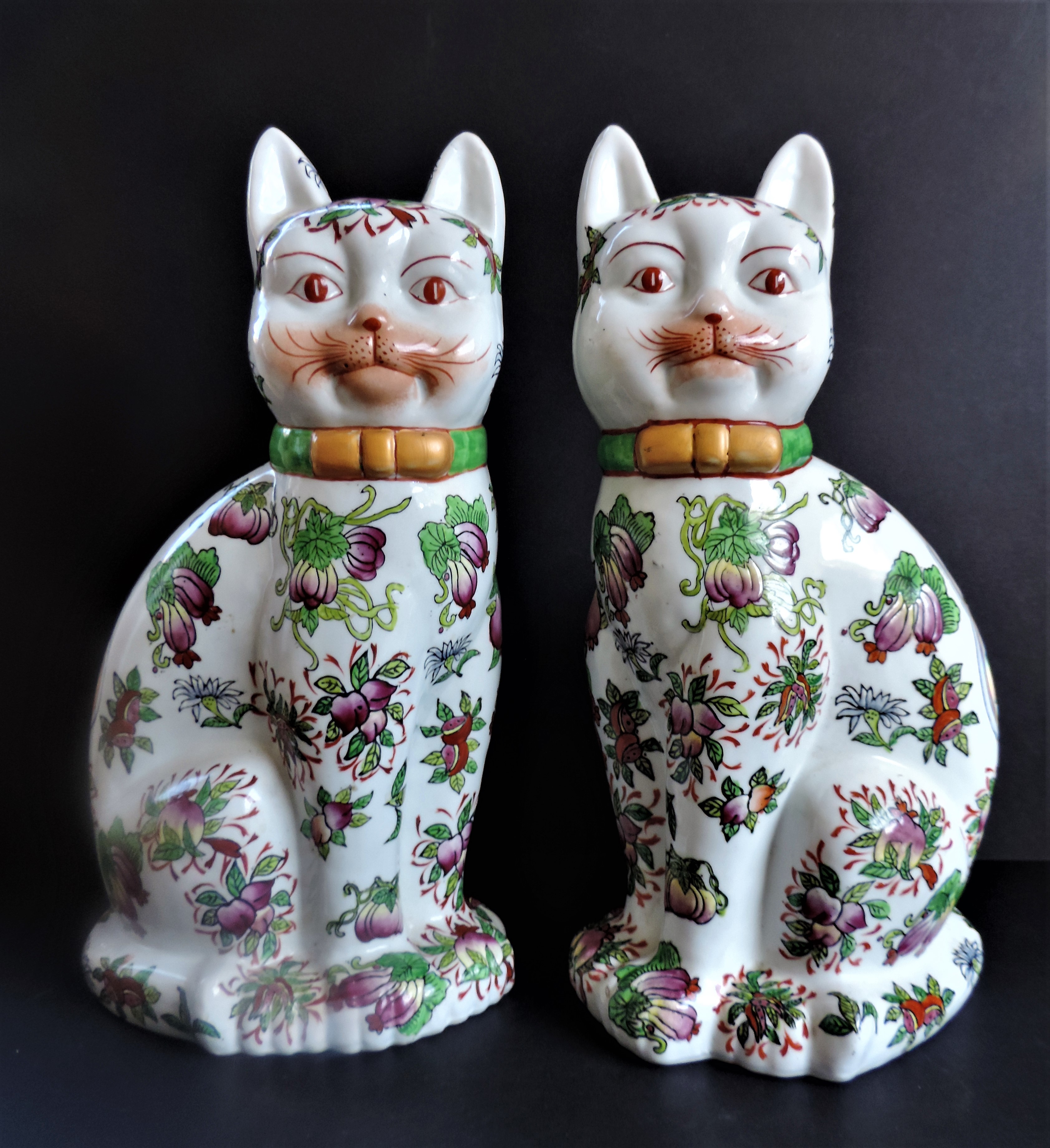 Large Pair Vintage Oriental Porcelain Cat Statues 33cm High