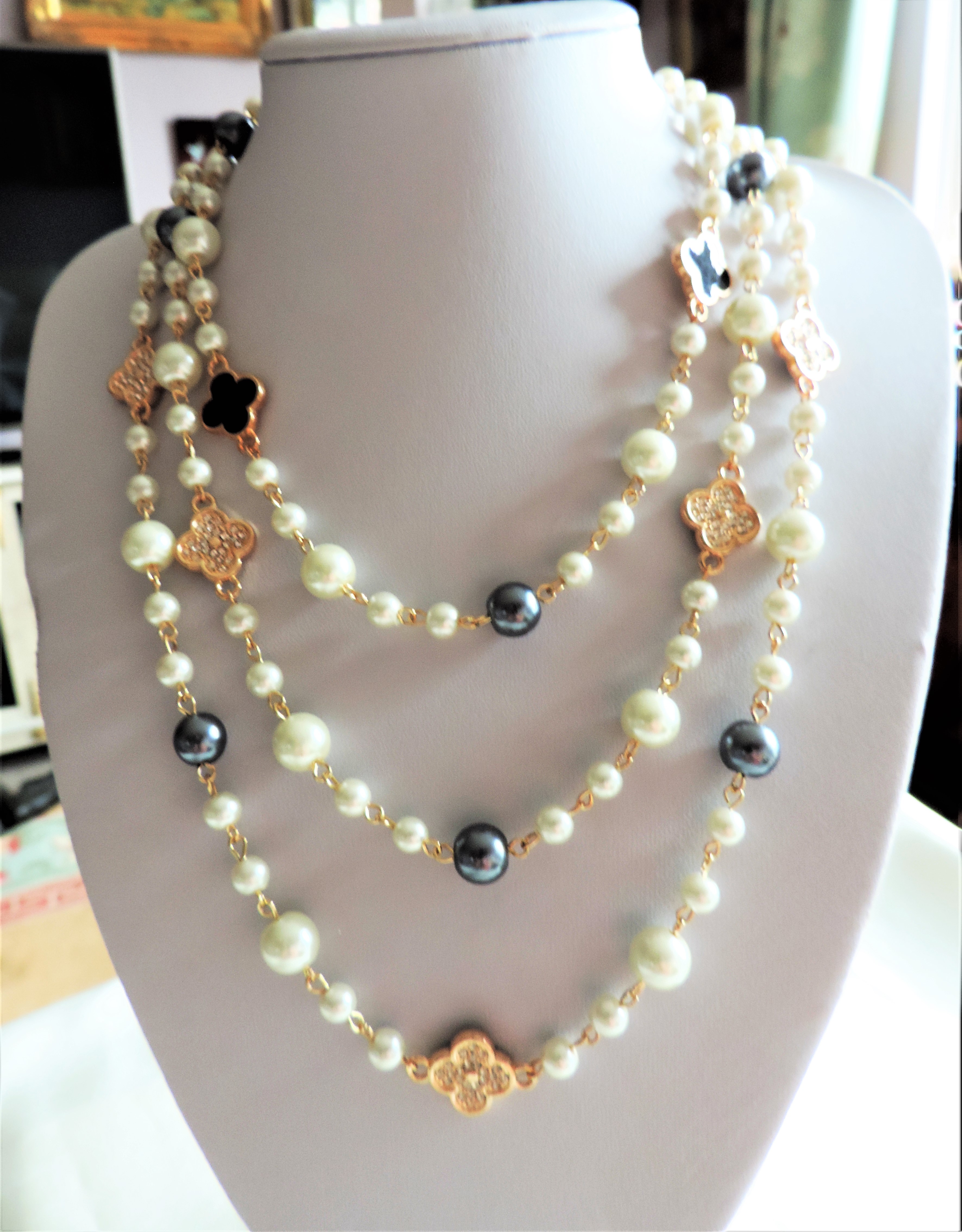 60 inch Pearl Enamel & Crystal Necklace