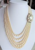 Vintage Royalty Inspired Five Strand 19 Inch Pearl Necklace