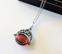 Vintage Silver Spinning Amber Fob Pendant Necklace