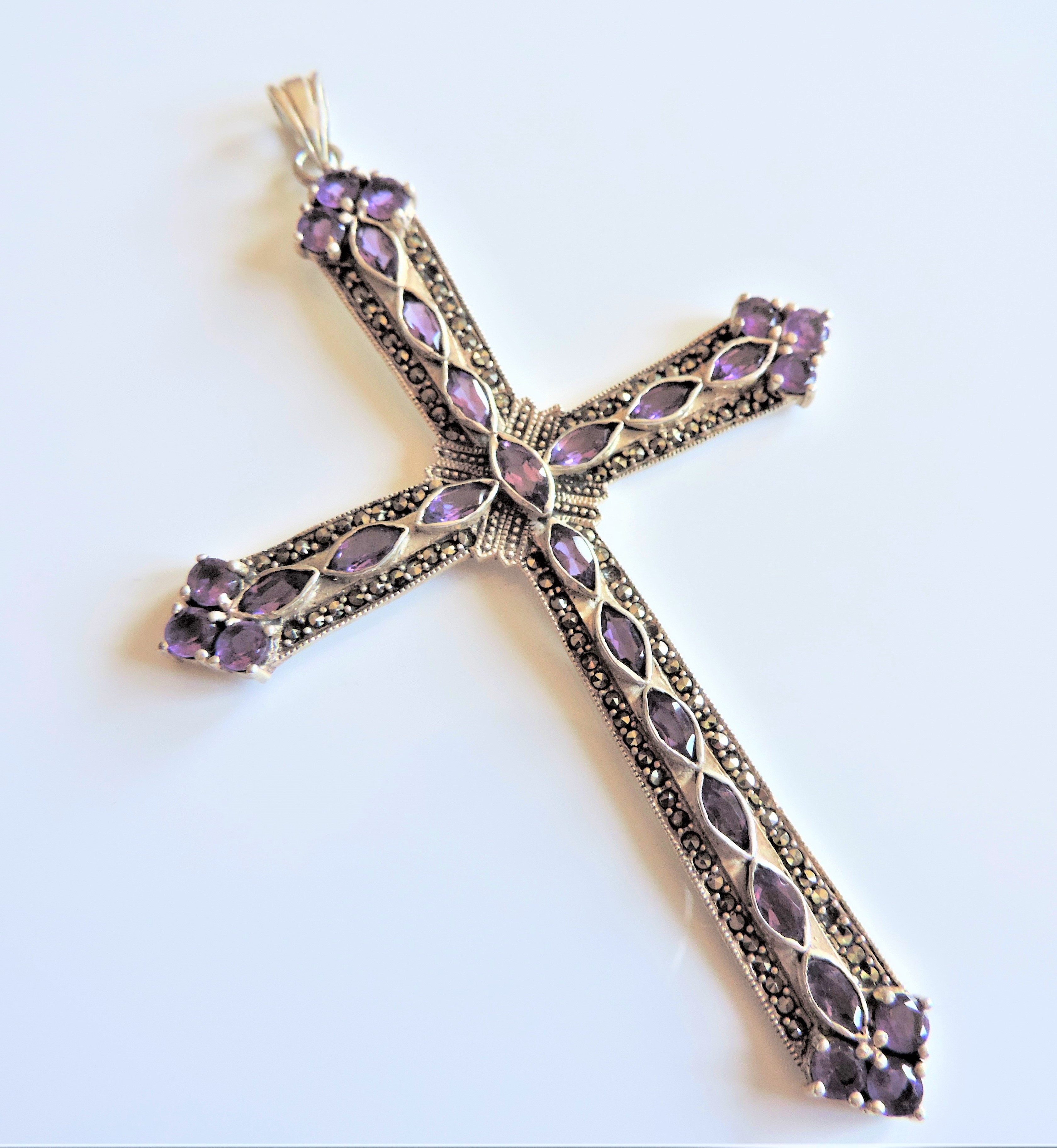 Large Vintage Sterling Silver 10ct Amethyst & Marcasite Cross Pendant 10cm Tall