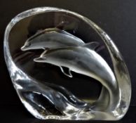 Mats Jonasson Signed Dolphins Paperweight 16cm Wide