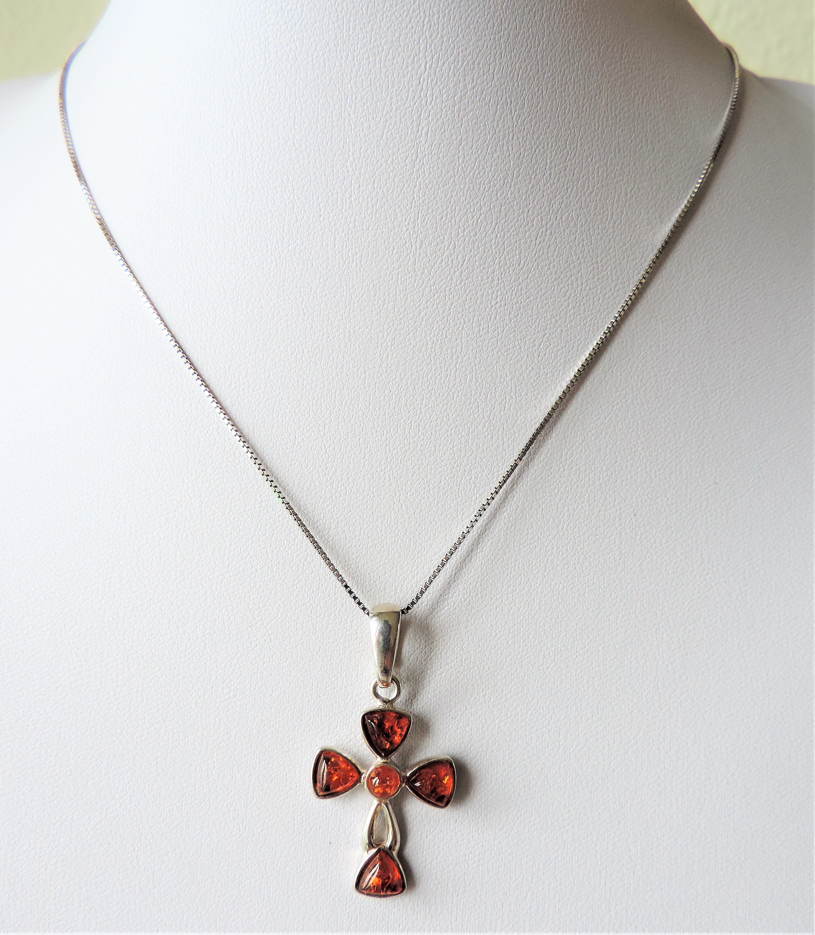 Sterling Silver Baltic Amber Cross Pendant Necklace