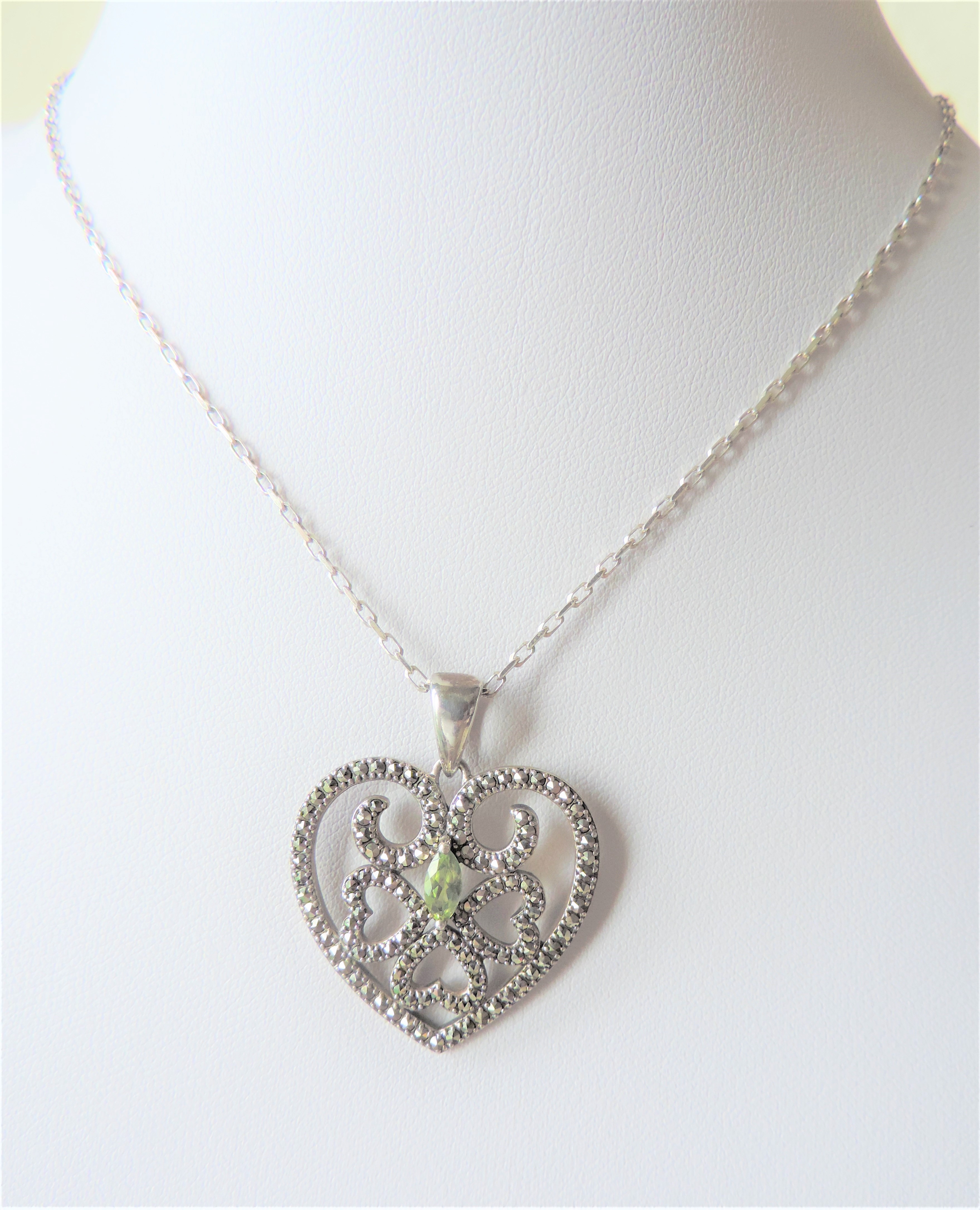 Sterling Silver Peridot & Marcasite Pendant Necklace. - Image 2 of 2