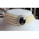 Princess Diana Inspired Pearl and Sapphire Choker Necklace with Gift Box
