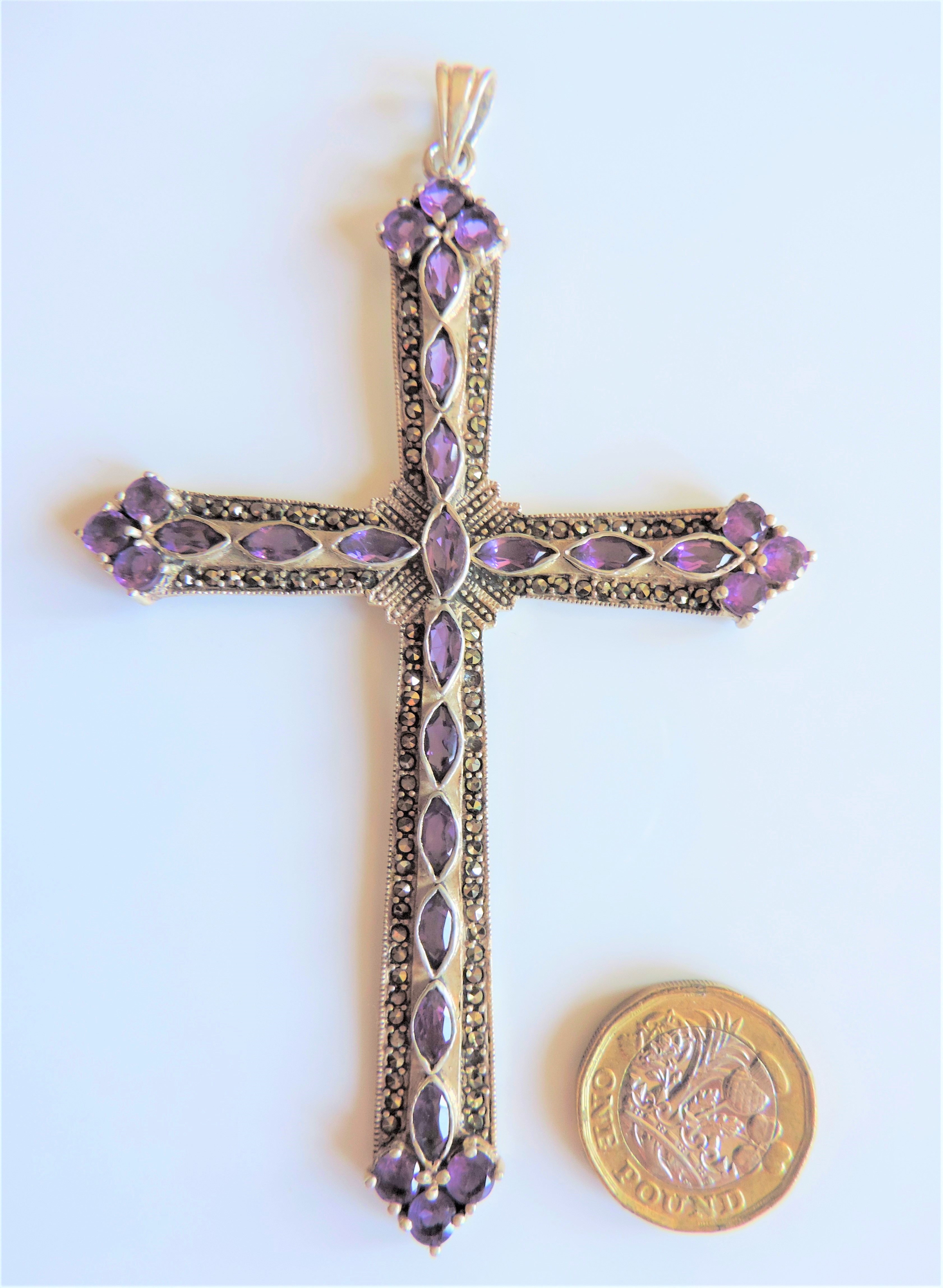 Large Vintage Sterling Silver 10ct Amethyst & Marcasite Cross Pendant 10cm Tall - Image 3 of 4