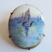 Large Antique Hand Painted Porcelain Brooch on Bronze Signed by Artist