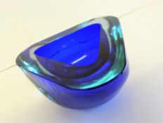Murano Sommerso Geode Blue Glass Triangle Bowl