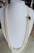 28 inch Double Strand Pearl Necklace with Cabochon & Crystal Clasp