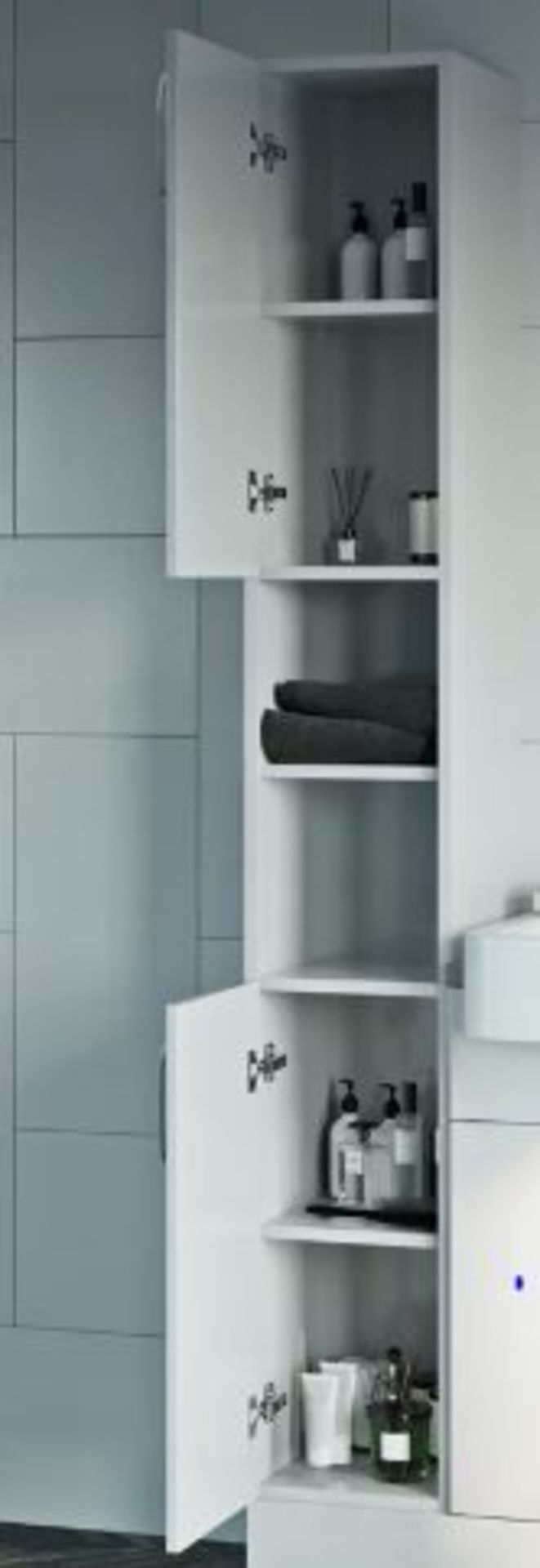 RRP £489. Reeves Nouvel gloss White tall storage unit 1990 x 300mm. Product code: NOFGR08. Appears - Image 2 of 3
