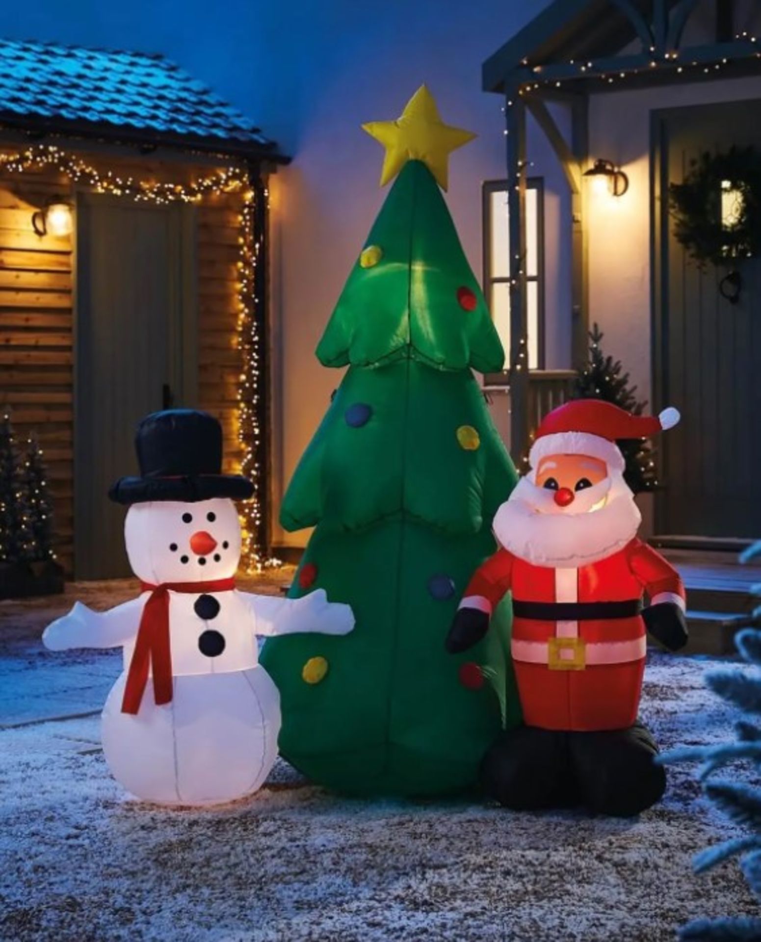 (9B) 6x Items. 1x Snowman Acrylic LED Light. 2x 6ft Inflatable Santa, Snowman & Tree RRP £65. 1x 6f