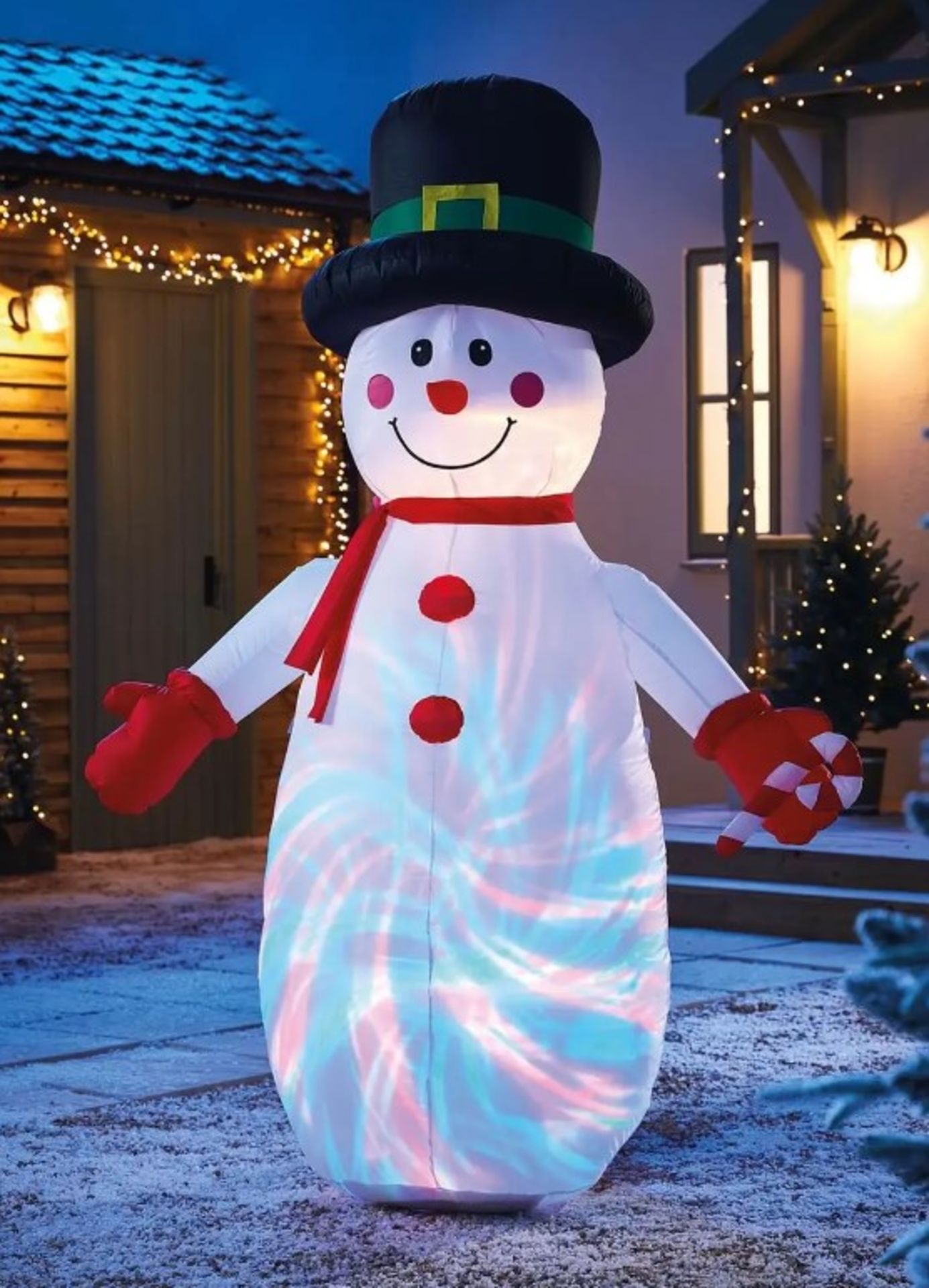(11C) Lot RRP £205. 5x Inflatable Christmas Items. 1x 6ft Snowman With Disco Light RRP £50. 1x 6ft