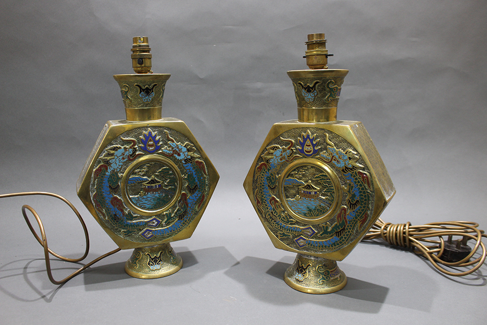 Pair of 19th c. Japanese Enamelled Brass Moonflask Table Lamps - Image 2 of 3