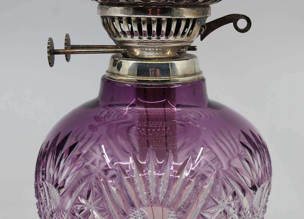 Very Fine English Cut Glass Amethyst Overlay Crystal Oil Lamp - Image 7 of 13