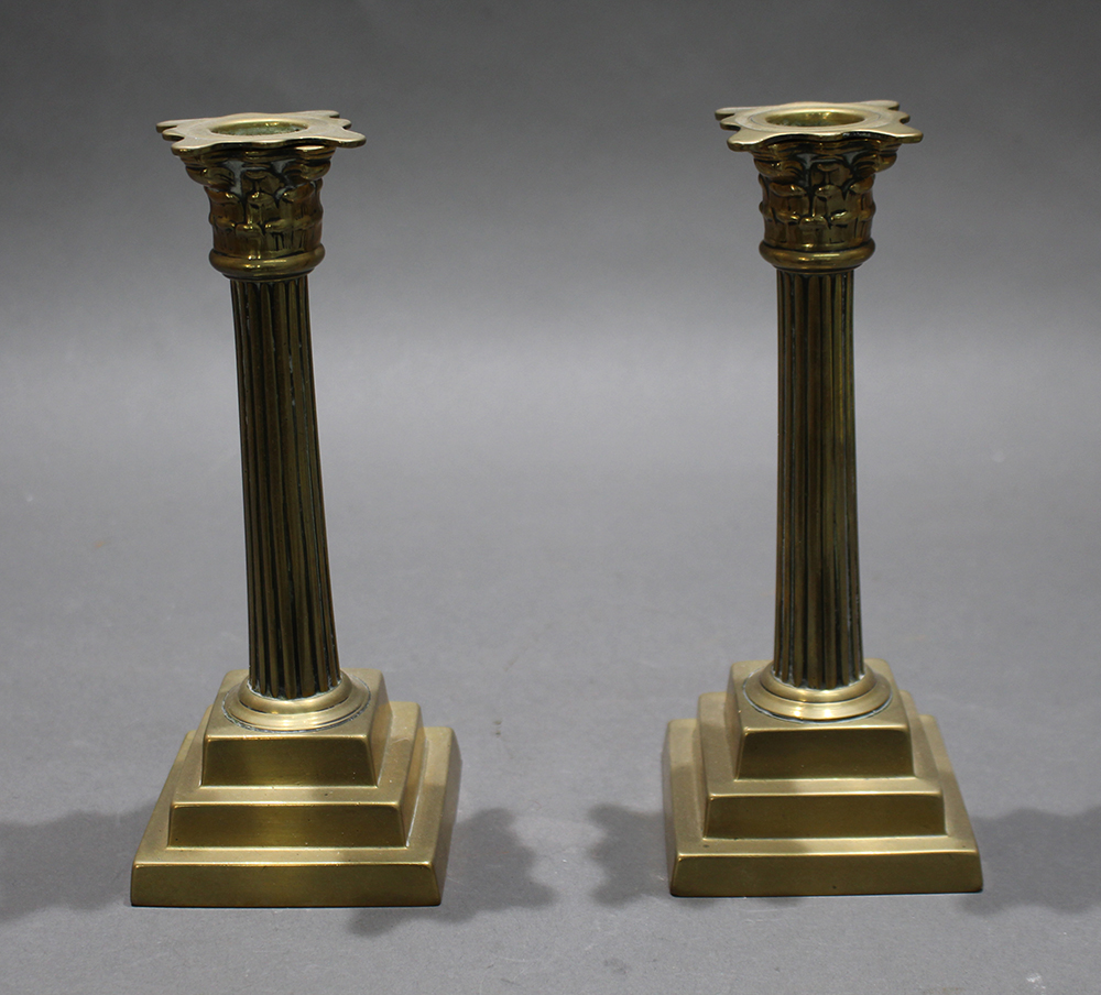 Pair of Victorian Stepped Corinthian Column Brass Candlesticks - Image 3 of 5