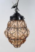 Mid 20th c. Handblown Seguso Murano Amber Glass Caged Pendant Light