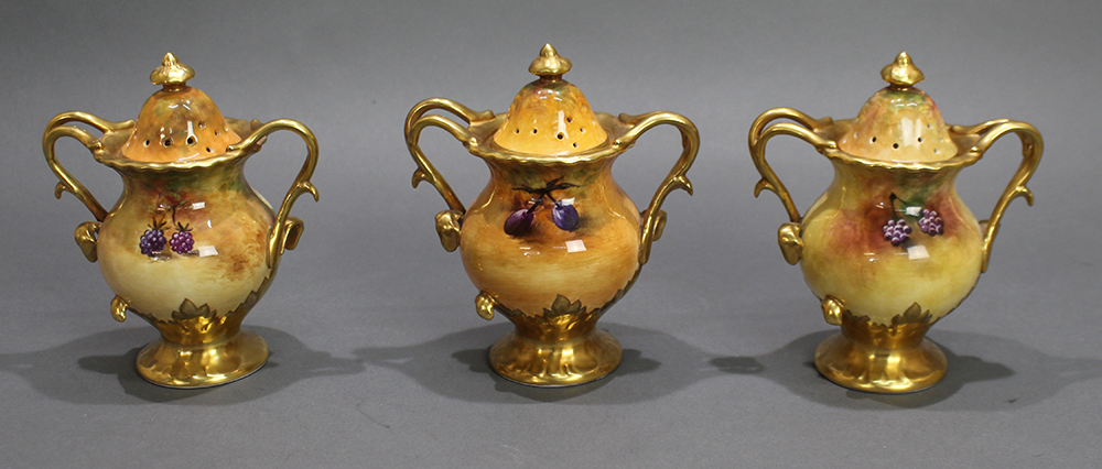Set of 3 Hand Painted Coalport Fruit Lidded Vases - Image 3 of 8