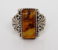 Rectangular Amber Set Silver Ring