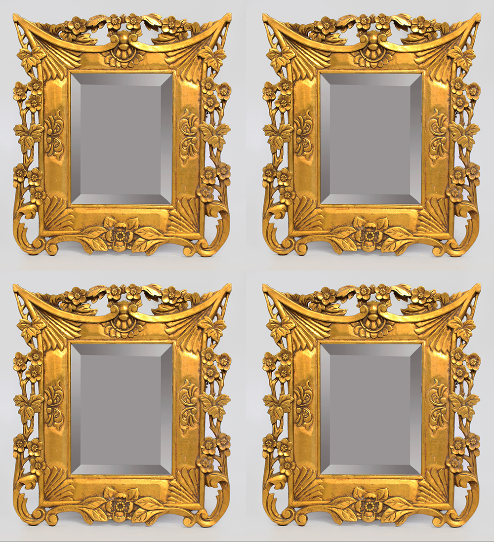 Set of 4 Carved Floral Giltwood Bevelled Glass Wall Mirror