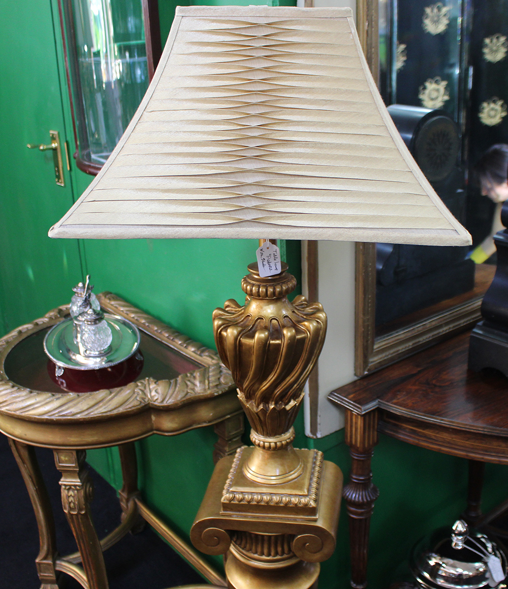 Gold Table Lamp with Shade on Pedestal - Image 2 of 3