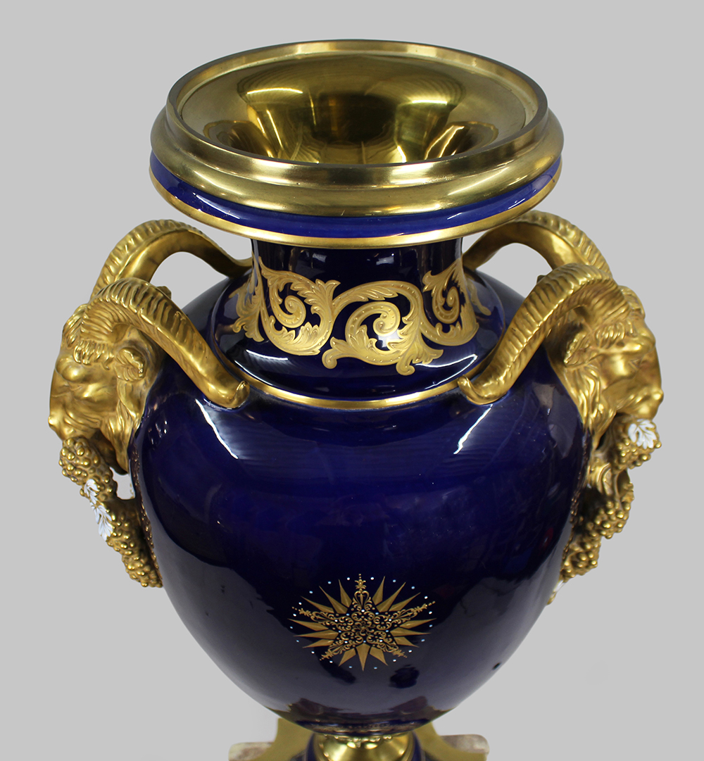 Pair of Fine Sevres Style Cobalt Blue Rams Head Lidded Urns - Image 9 of 12