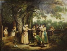 Pair of Early 19th c. Country Genre Scenes Oil on Canvas