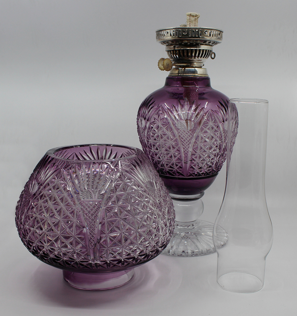 Very Fine English Cut Glass Amethyst Overlay Crystal Oil Lamp - Image 11 of 13