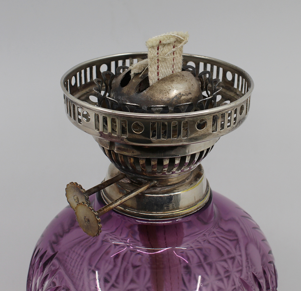 Very Fine English Cut Glass Amethyst Overlay Crystal Oil Lamp - Image 12 of 13