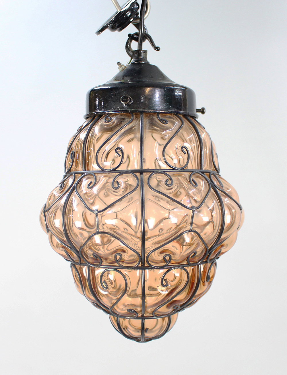 Mid 20th c. Handblown Seguso Murano Amber Glass Caged Pendant Light - Image 4 of 6