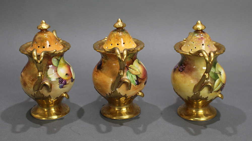 Set of 3 Hand Painted Coalport Fruit Lidded Vases - Image 2 of 8