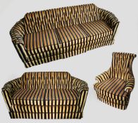 Fine Newly Upholstered Gold Striped Three Piece Bridgecraft Suite c.1970