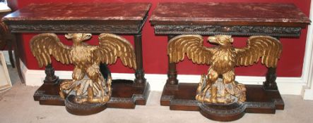 Pair of Marble Topped Mahogany & Giltwood Eagle Console Tables c.1890