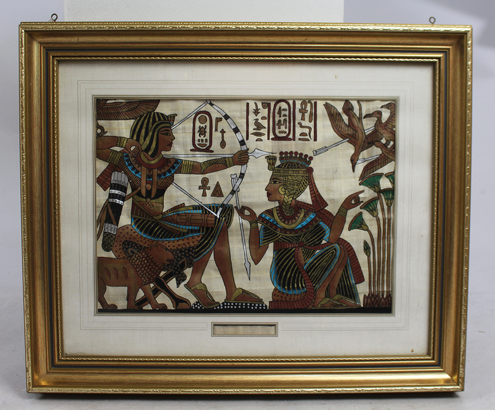 Egyptian Painted Papyrus Artwork Set in Gilt Frame