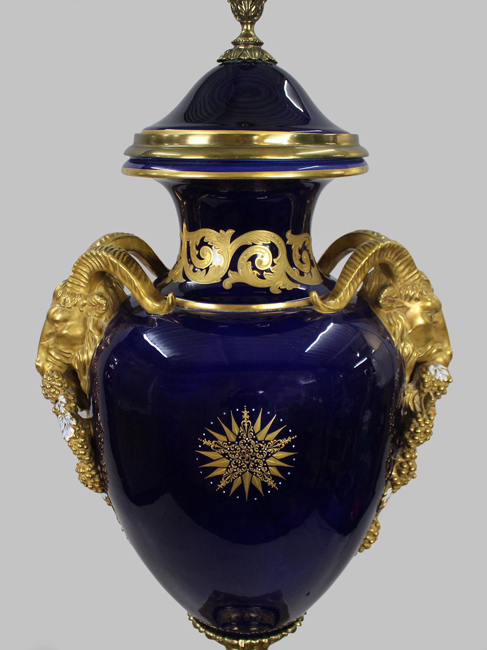 Pair of Fine Sevres Style Cobalt Blue Rams Head Lidded Urns - Image 7 of 12