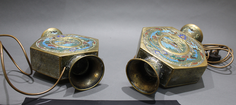 Pair of 19th c. Japanese Enamelled Brass Moonflask Table Lamps - Image 3 of 3
