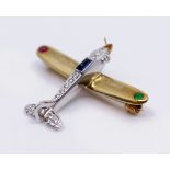 Diamond & Semi Precious Stone Set Gold Aeroplane Brooch