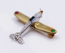 Diamond & Semi Precious Stone Set Gold Aeroplane Brooch